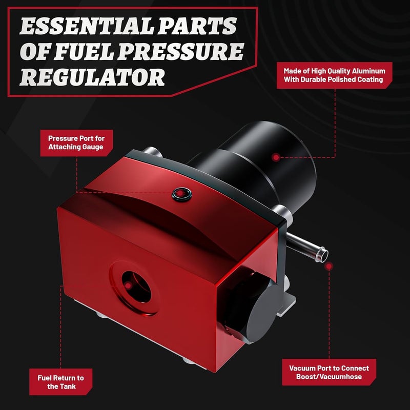 Plobeda EFI Fuel Pressure Regulator Kit with Bypass Return 0-100psi Pressure Gauge AN6-6AN Fuel Line Hose Fitting Connectors Kit Adjustable Universal Aluminum Black & Red - Image 3